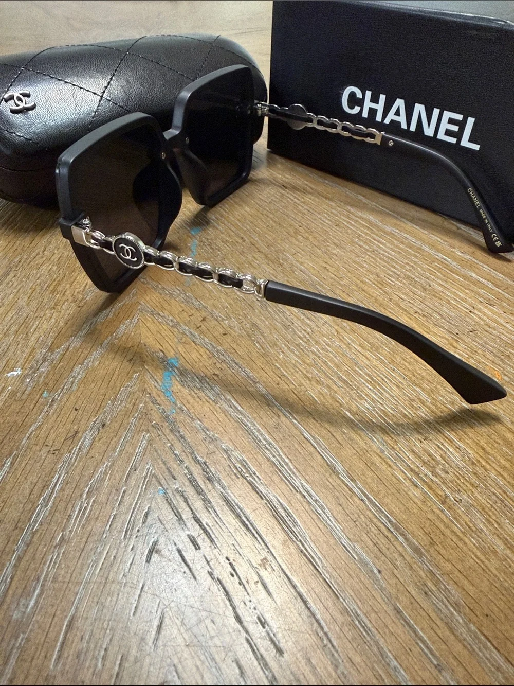 CHANEL Black Square Oversized Sunglasses with Silver CC Temples